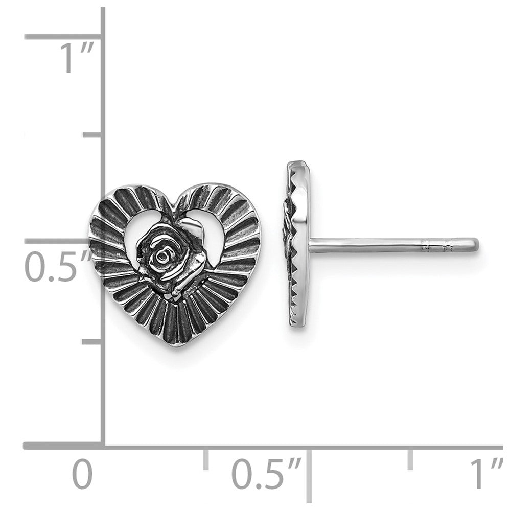 Sterling Silver Antiqued Polished Heart With Flower Post Earrings