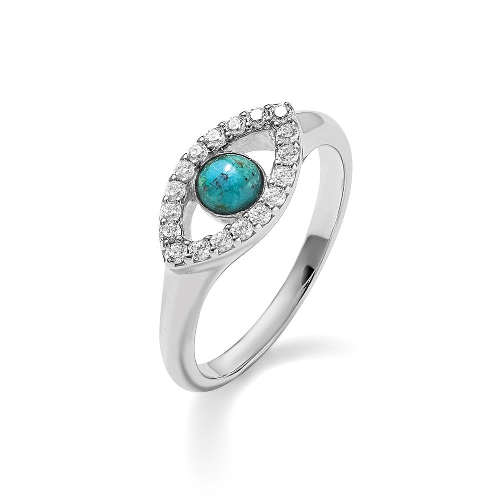 Sterling Silver RH-plated CZ and Compressed Turquoise Evil Eye Ring