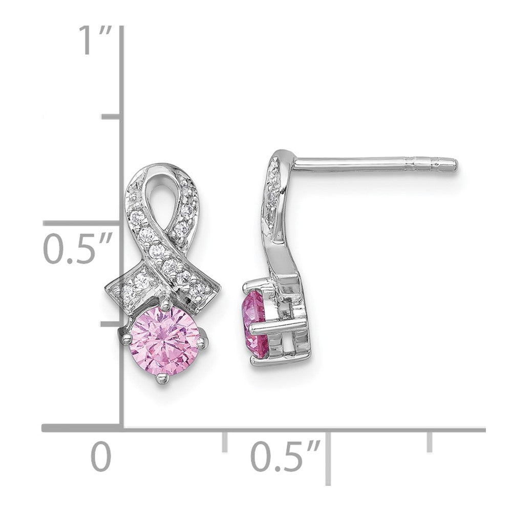 SS RH-pltd Polish Pink & White CZ Awareness Ribbon Post Earrings