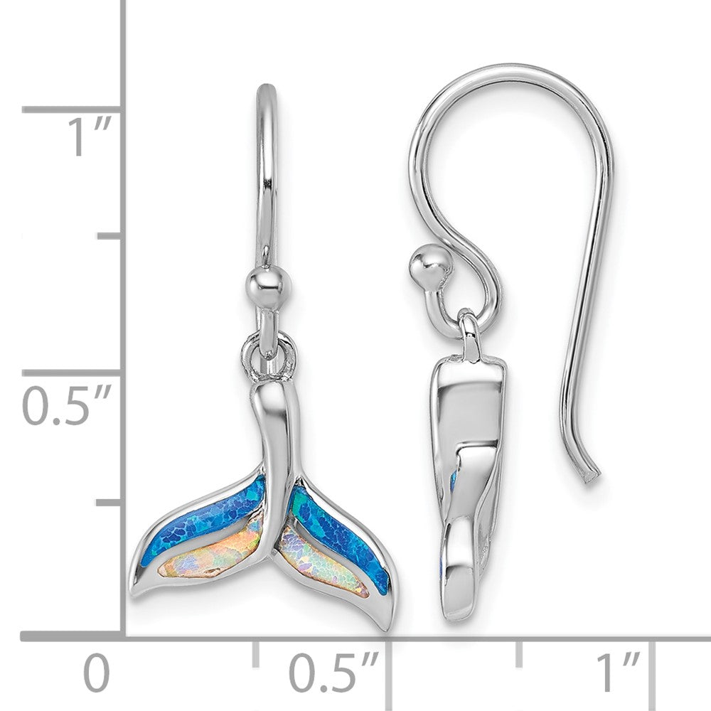 Sterling Silver Rh-plated Created Opal Whale Tail Dangle Earrings