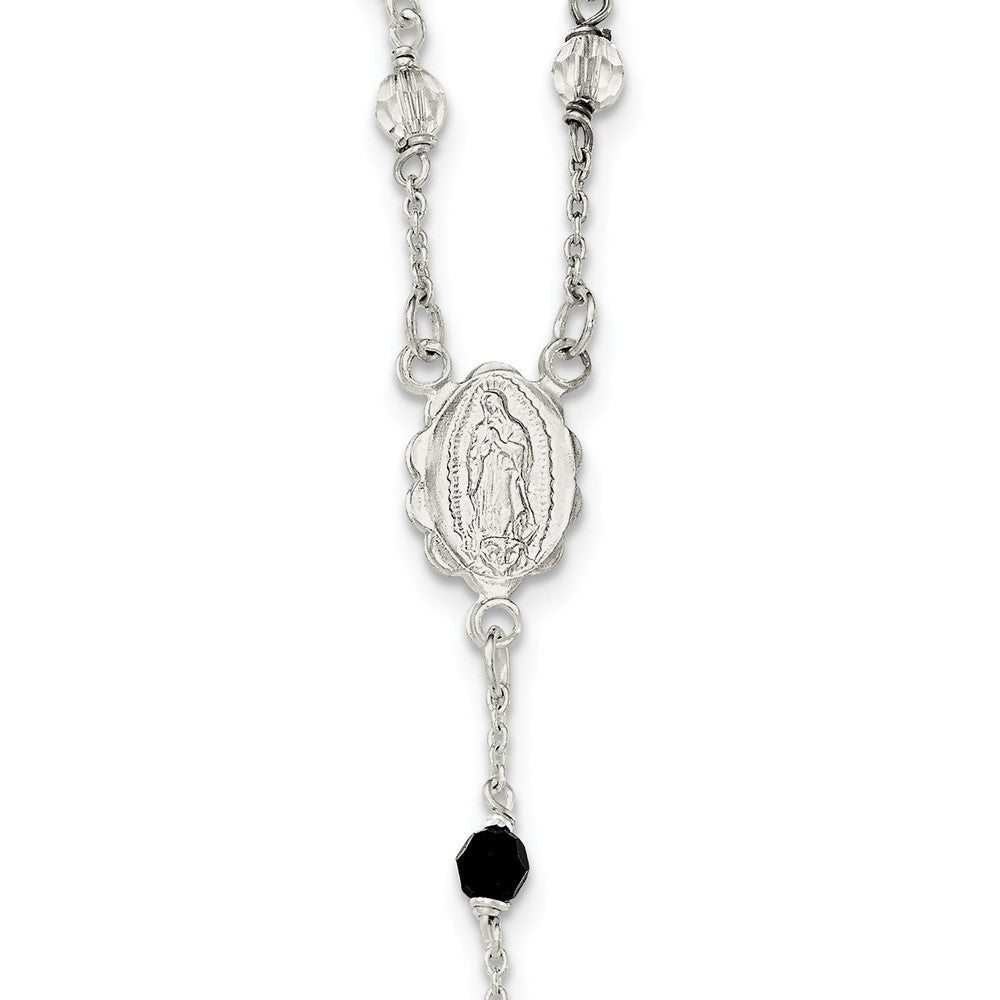 Sterling Silver Polished and Black Crystal Bead Rosary 23.5 inch Necklace