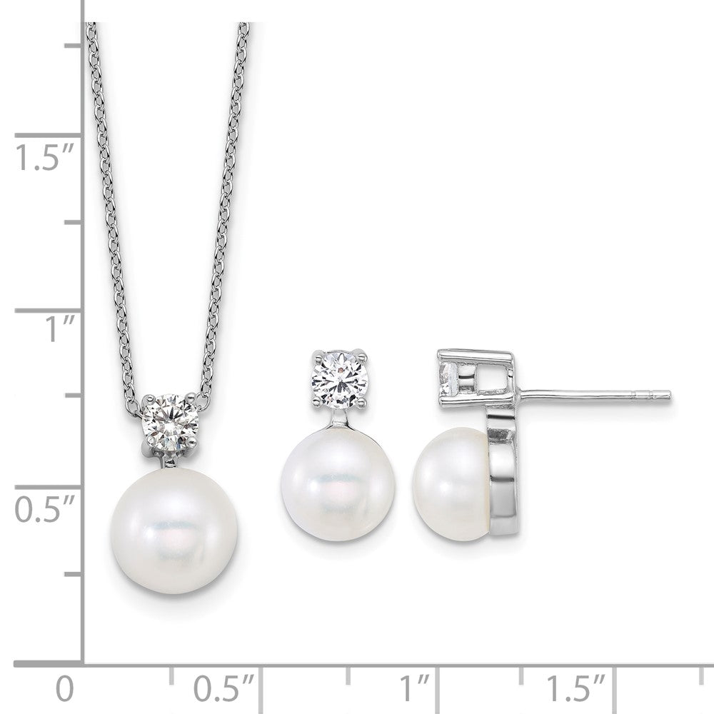 Sterling Silver Rh-plated FWC Pearl and CZ 17in Necklace/Earring Set