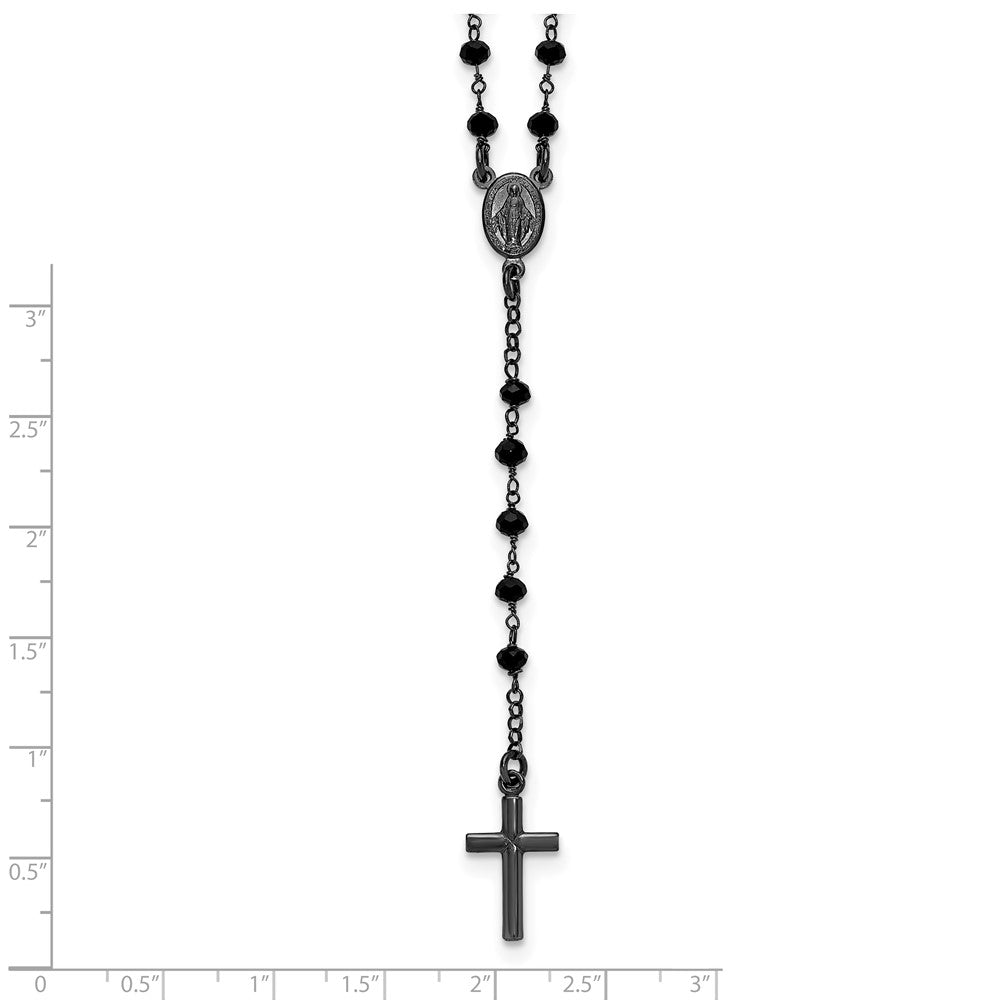 Sterling Silver Black Rh-plated Crystal 18.5in w/ .5in ext. Rosary Necklace