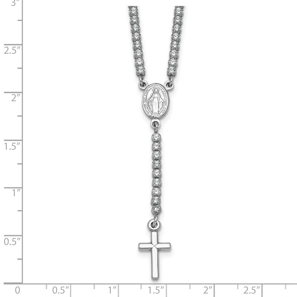 Sterling Silver Rh-plated Polished CZ 15.5in with 2in ext. Rosary Necklace