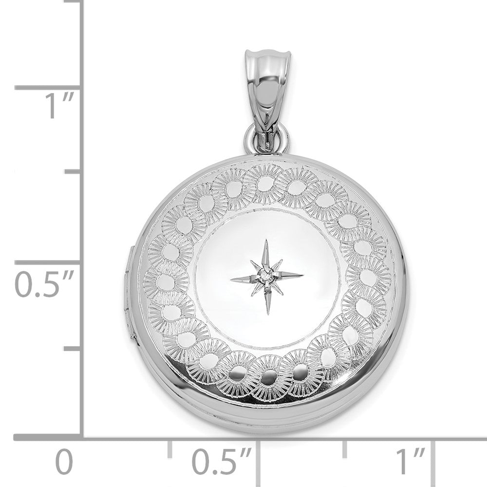 Sterling Silver Rh-plated Diamond Star 20mm Circular Border Round Locket