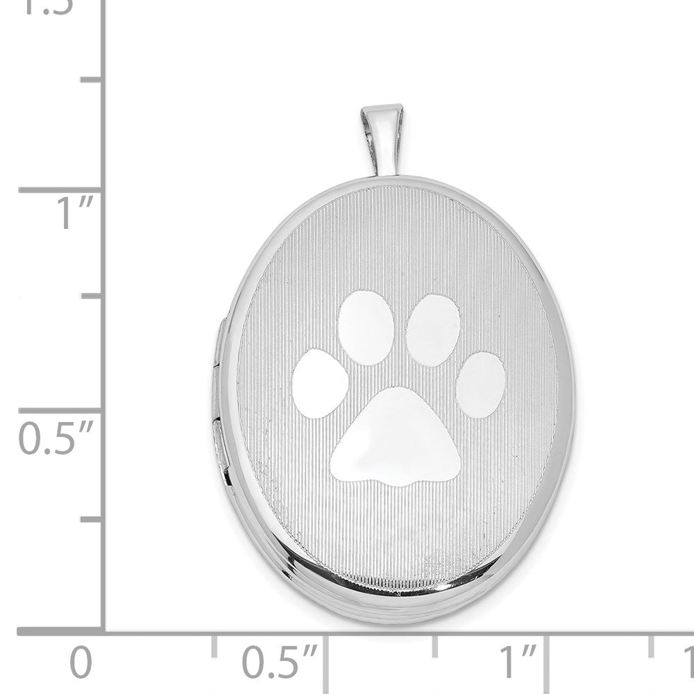 Sterling Silver Rhod-plated Textured & Polished Paw Print 26mm Oval Locket