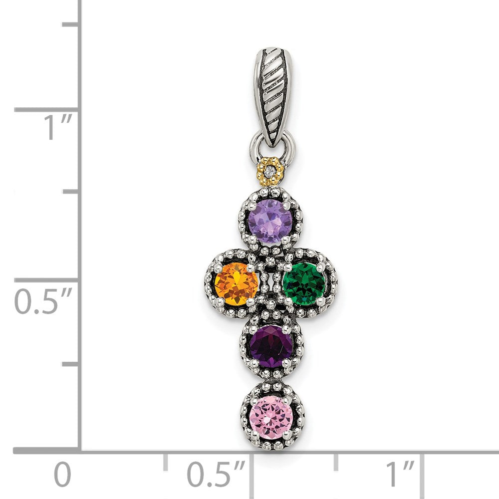 Sterling Silver Antiqued w/14k 5-stone w/Diamond Mother's Pendant