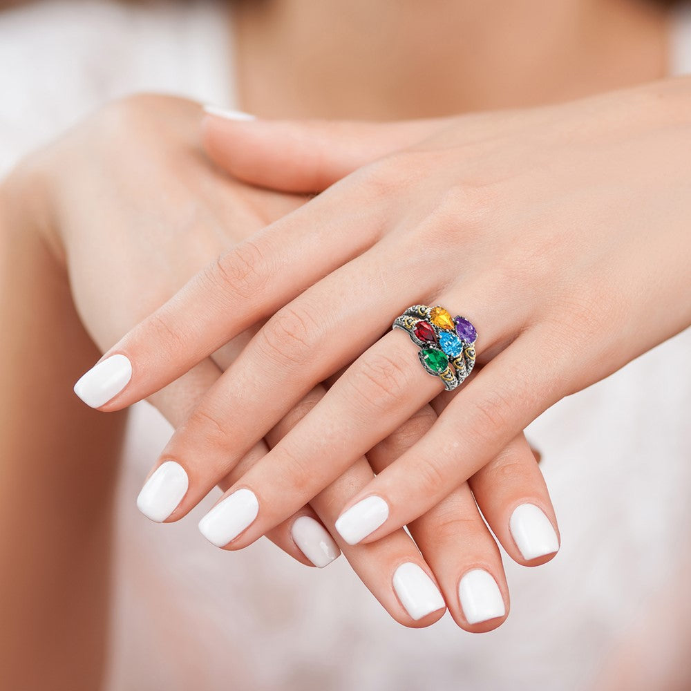 Sterling Silver Antiqued w/14k 5-stone w/Diamond Mother's Ring Semi-Mount