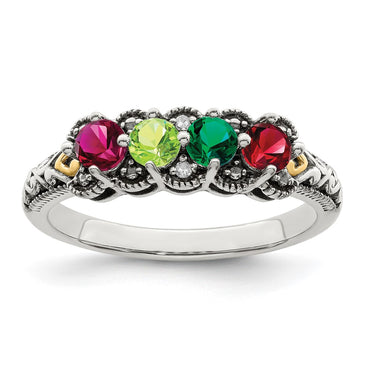 Sterling Silver Antiqued w/14k 4-stone w/Diamond Mother's Ring