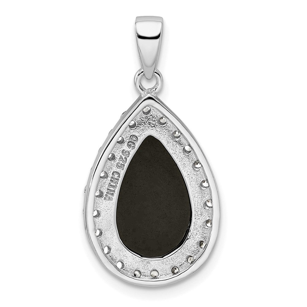 Sterling Silver Rhodium-plated CZ and Onyx Tear drop Pendant