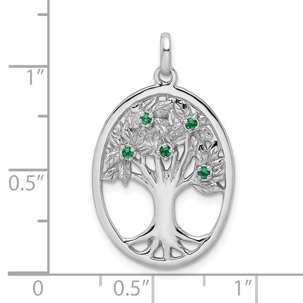 Sterling Silver Rhodium-plated Green Glass Buds Oval Tree Pendant