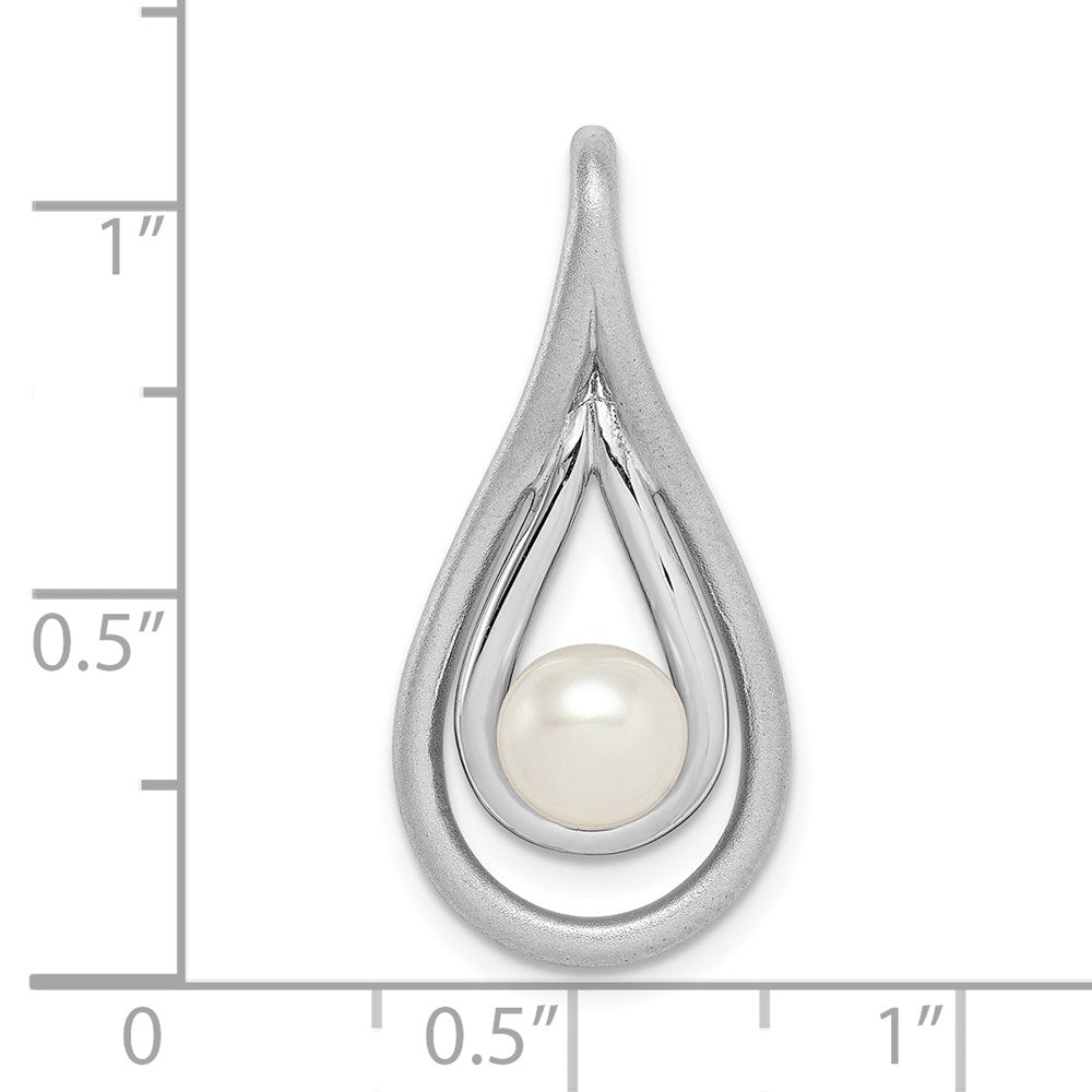 Sterling Silver Rhod-pltd Brushed/Polished 6-7mm FWC Pearl Teardrop Slide