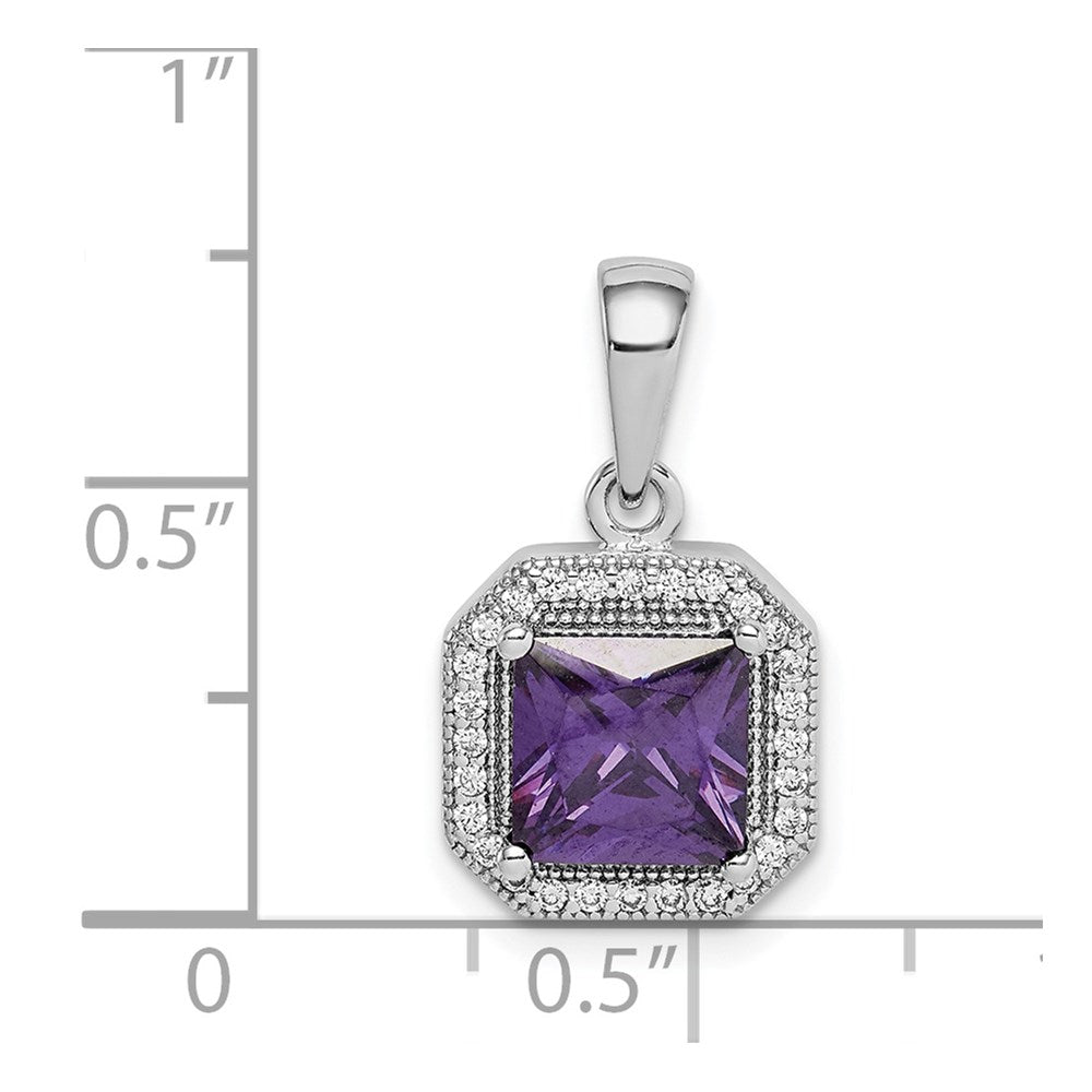 Sterling Silver Rhodium Plated Clear CZ and Square Purple CZ Pendant