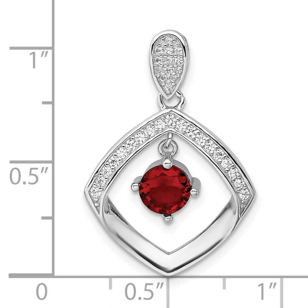 Sterling Silver RH-plated Red Glass & Clear CZ Fancy Square Pendant