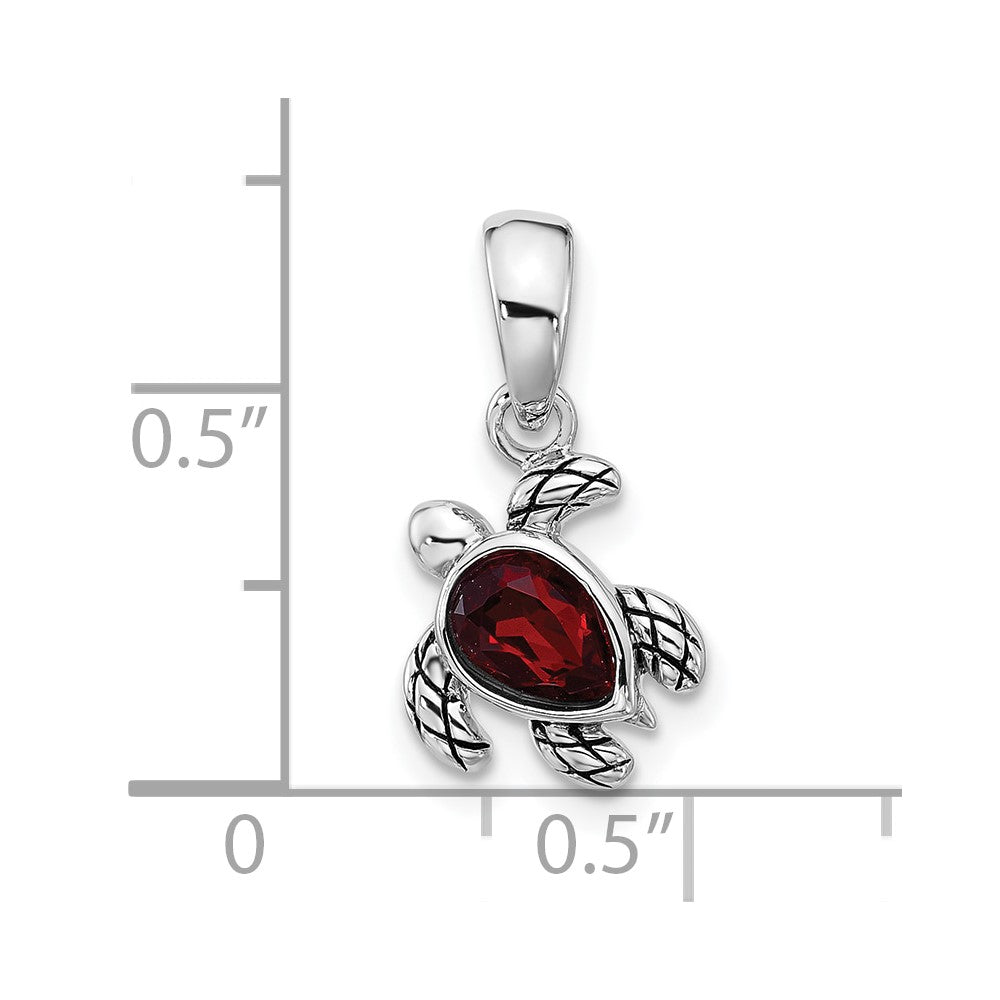 Sterling Silver RH-plated Antiqued Crystal Jan Birthstone Turtle Pendant