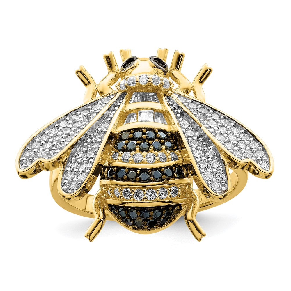 Sterling Silver Blk/White RH-plated Gold-tone CZ Bumblebee Ring