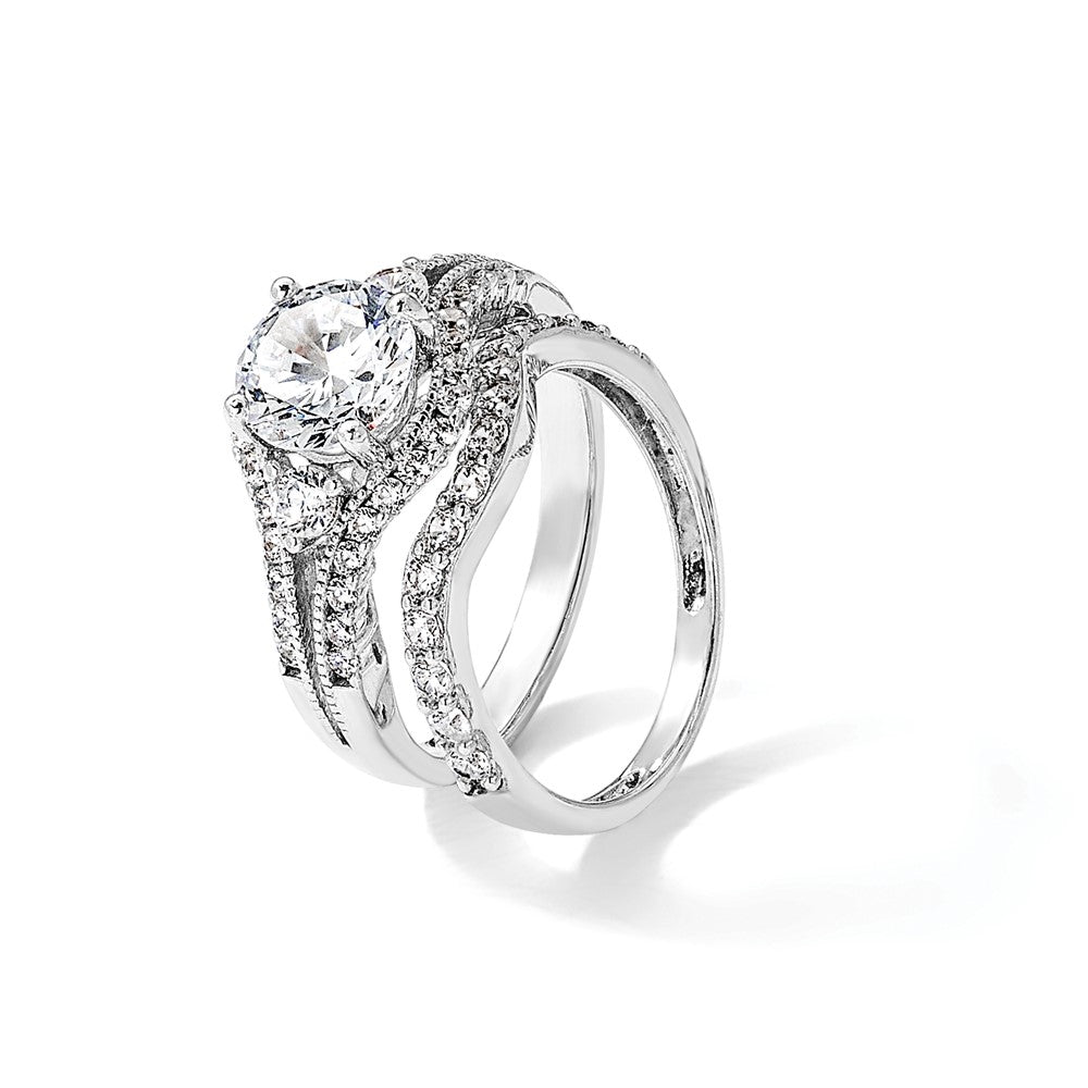 Sterling Silver Rhodium-plated CZ Engagement Ring and Band Set