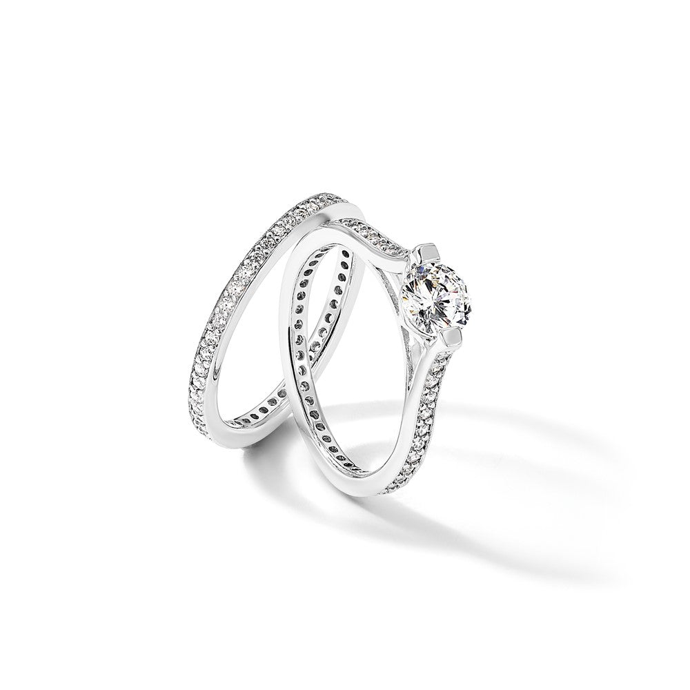 Sterling Silver Rhodium-plated CZ Eternity Engagement Ring and Band Set