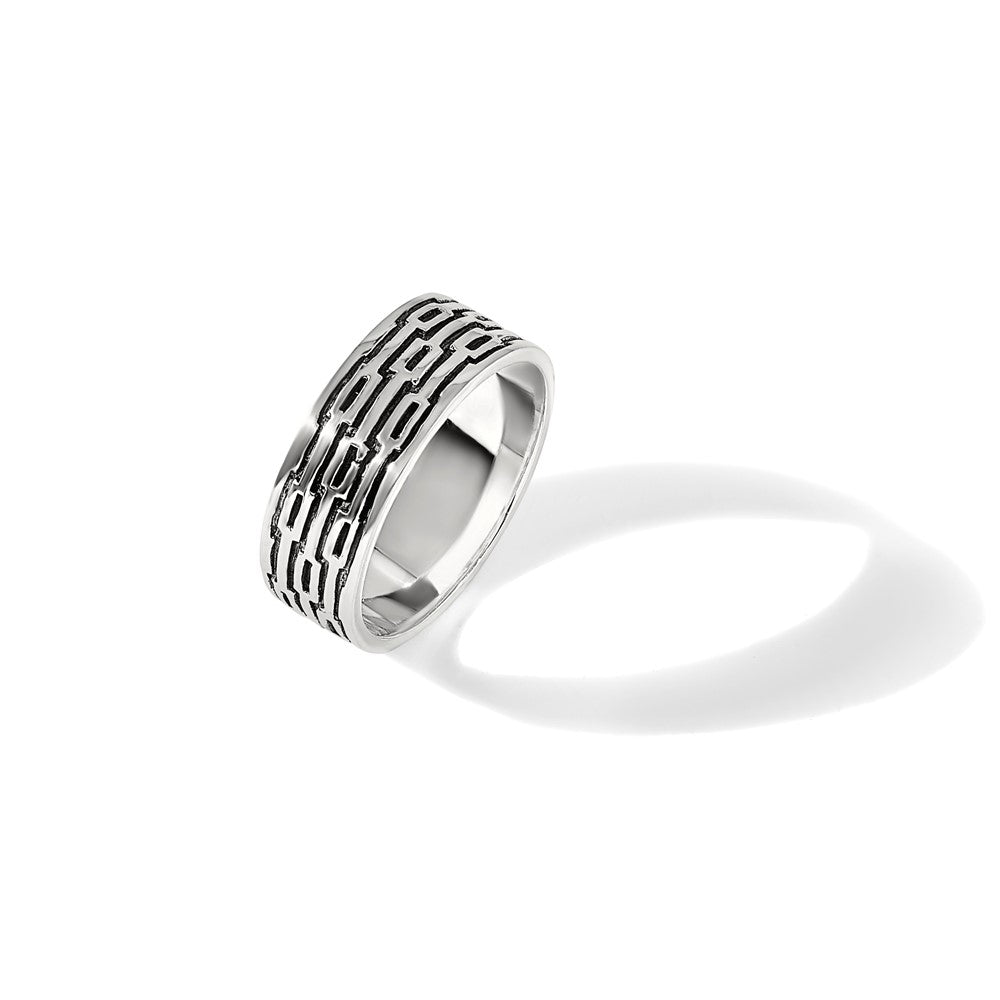 Sterling Silver Polished Oxidized Patterned Men's Band Ring
