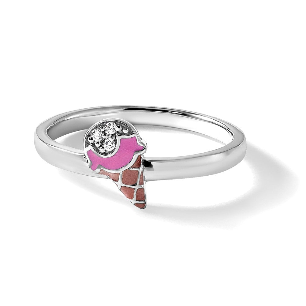 Sterling Silver RH-plated Enameled and CZ Ice Cream Cone Size 4 Ring
