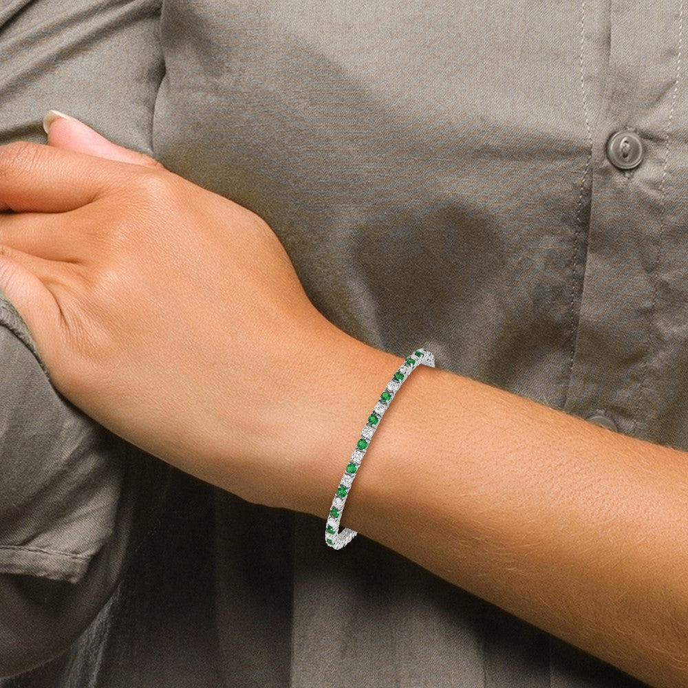 Sterling Silver Rhodium-plated Green Glass and CZ 7 inch Bracelet