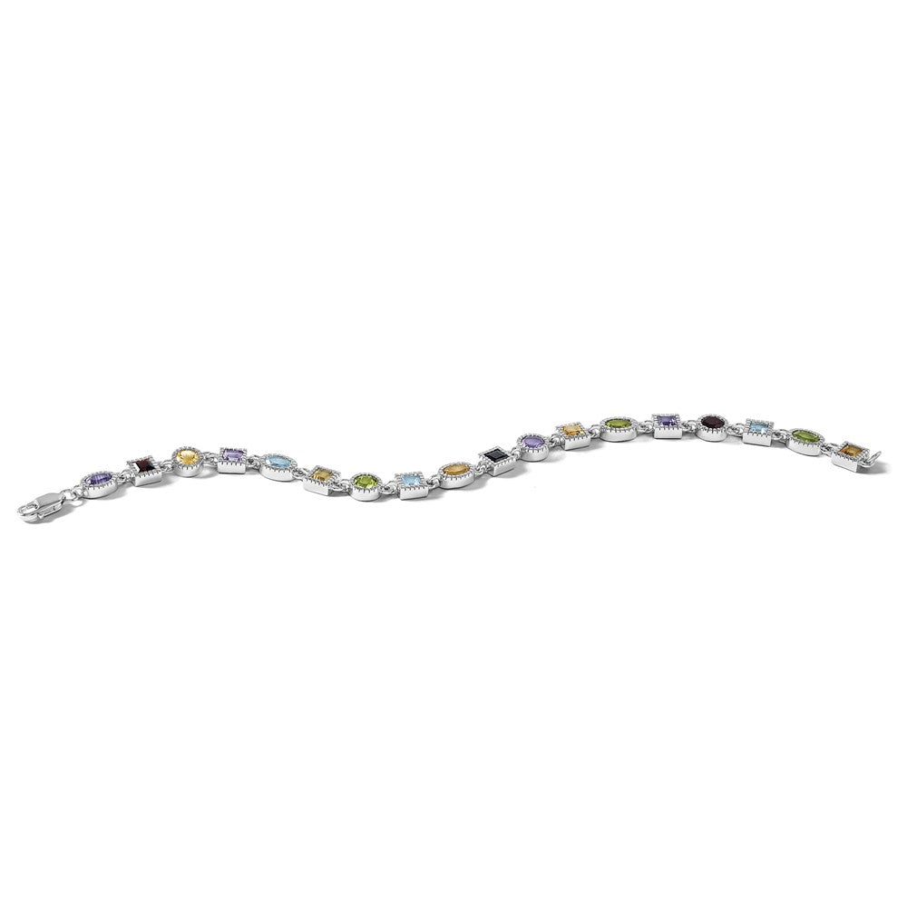 Sterling Silver 7inch Rhod Plated Rainbow Multi-gemstone Bracelet