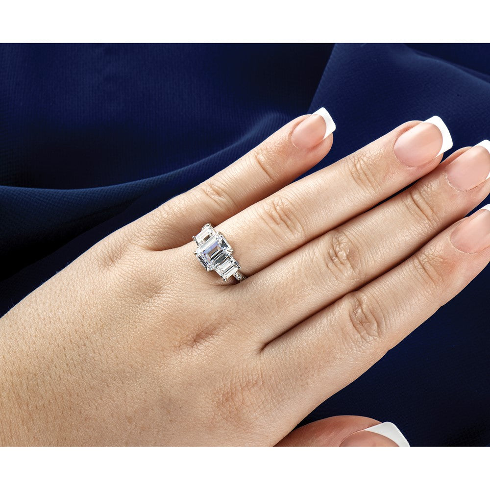 14kw 3 3/8ct Lab Grown Diamond VS+ F+ Emerald Comp 3 Stone Eng Ring