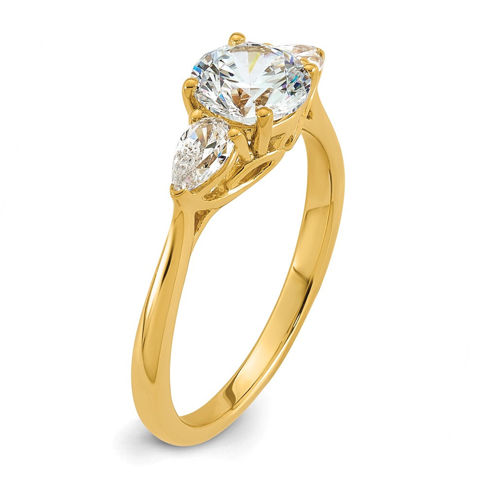 14k 1 3/8ct Lab Grown Diamond VS+ F+ Round w/Pear Comp 3 Stone Eng Ring