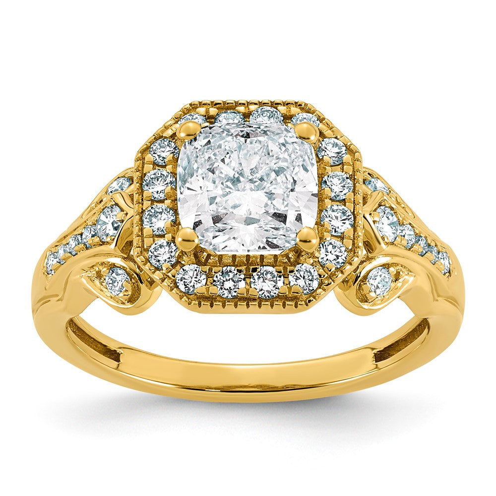 14ky Certified Cushion Center Lab Grown Diamond VS+ F+ Halo Engagement Ring