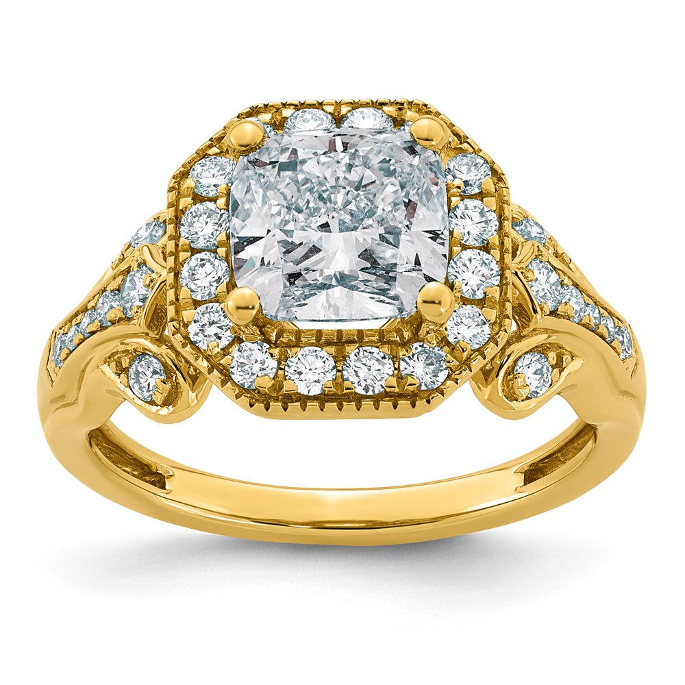 14ky Certified Cushion Center Lab Grown Diamond VS+ F+ Halo Engagement Ring