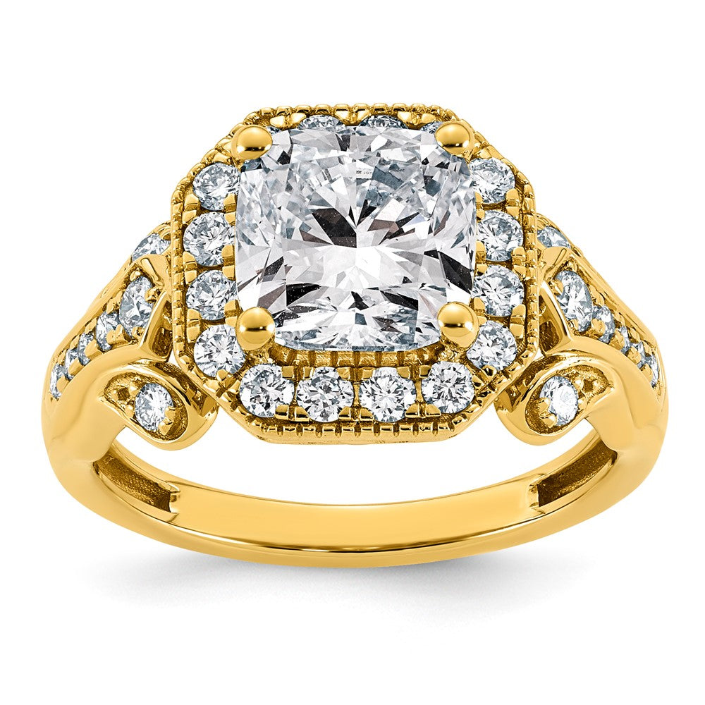 14ky Certified Cushion Center Lab Grown Diamond VS+ F+ Halo Engagement Ring