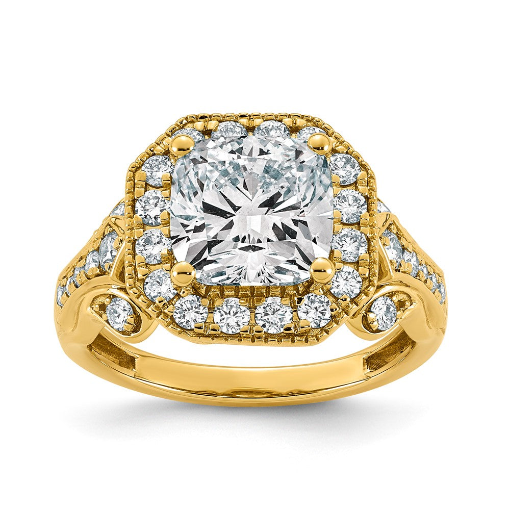 14ky Certified Cushion Center Lab Grown Diamond VS+ F+ Halo Engagement Ring