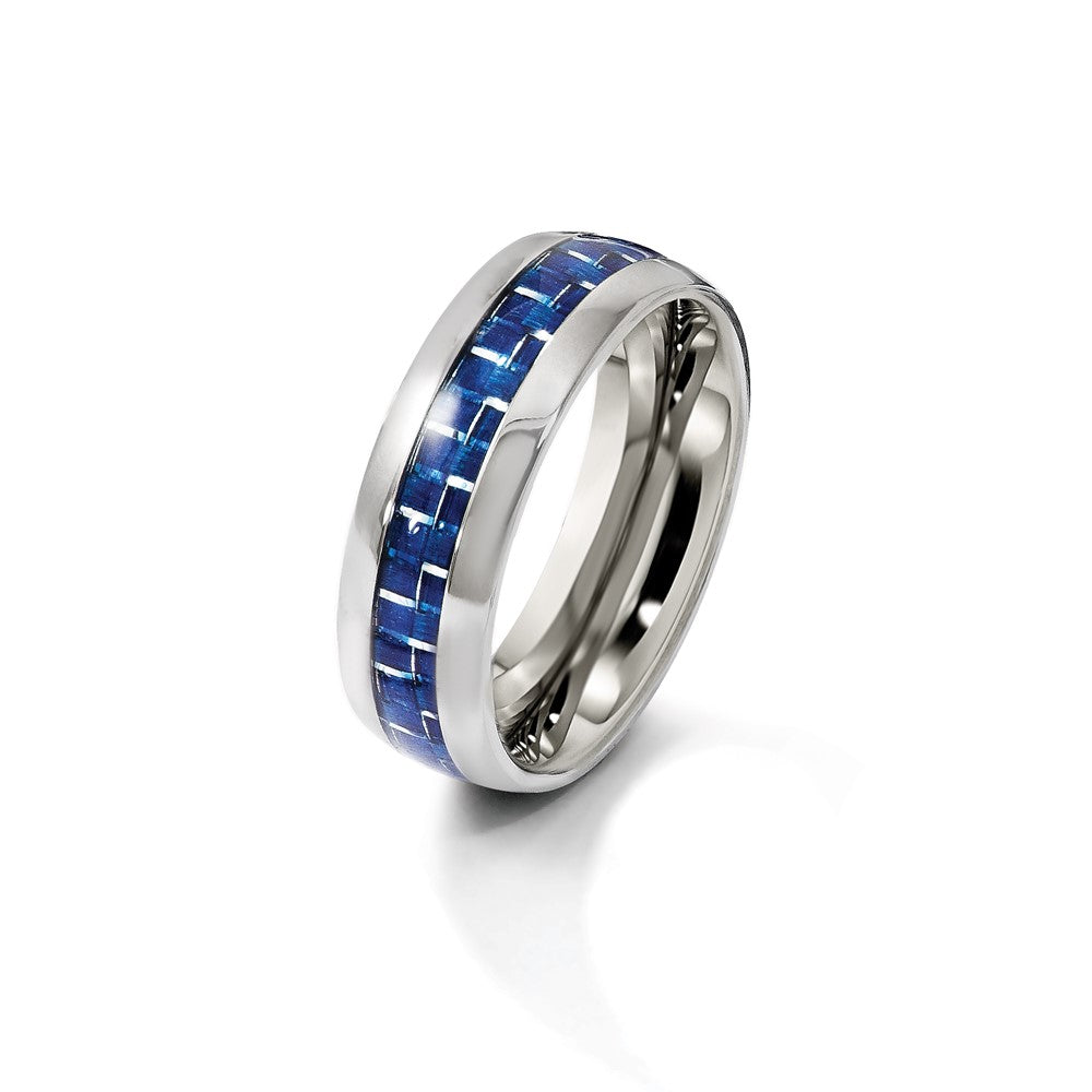 Stainless Steel Polished w/Blue Carbon Fiber Inlay 8mm Band