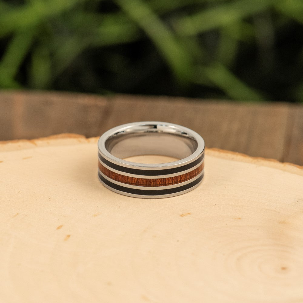 Stainless Steel Polished with Black Resin and Wood Inlay 8mm Band