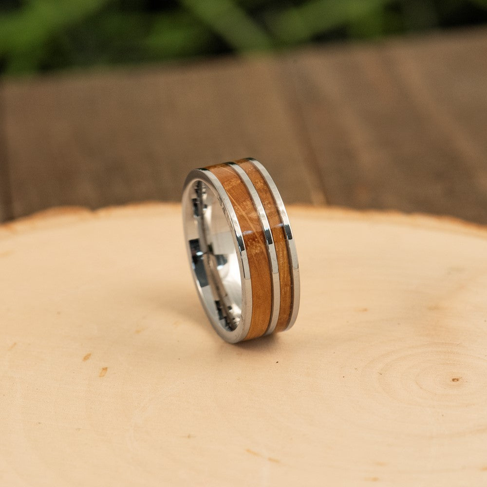 Stainless Steel Polished with Wood Inlay 8mm Band