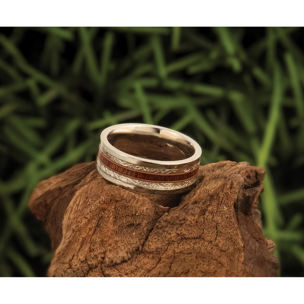 Stainless Steel Polished with Wood and Imit. Meteorite Inlay 8mm Band
