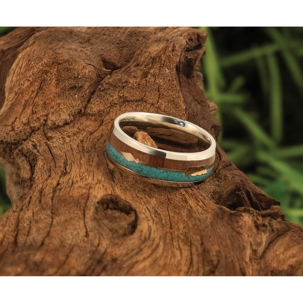 Stainless Steel Polished Arrow w/ImitationTurquoise and Wood Inlay 8mm Band