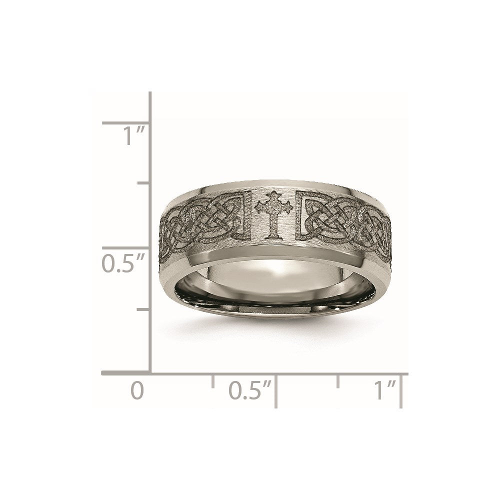 Titanium Brushed & Polished Cross Laser Design 8mm Beveled Edge Band