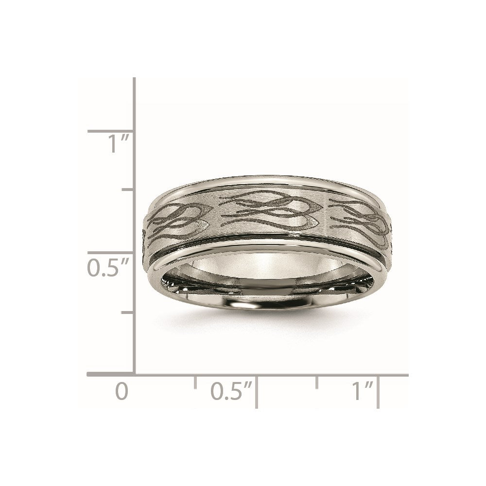Titanium Brushed & Polished Flame Laser Design 8mm Ridged Edge Band