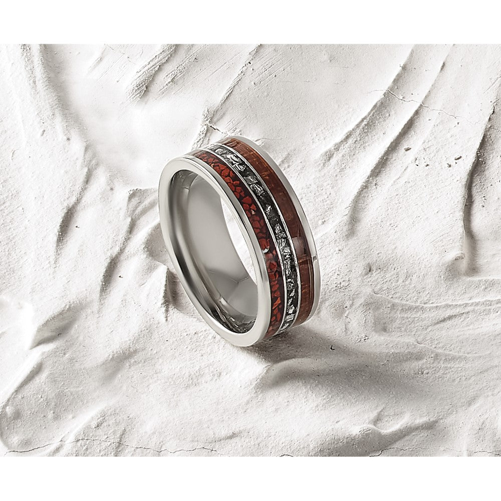 Titanium Polished with Wood/Imit. Meteorite/Redstone Inlay 8mm Band