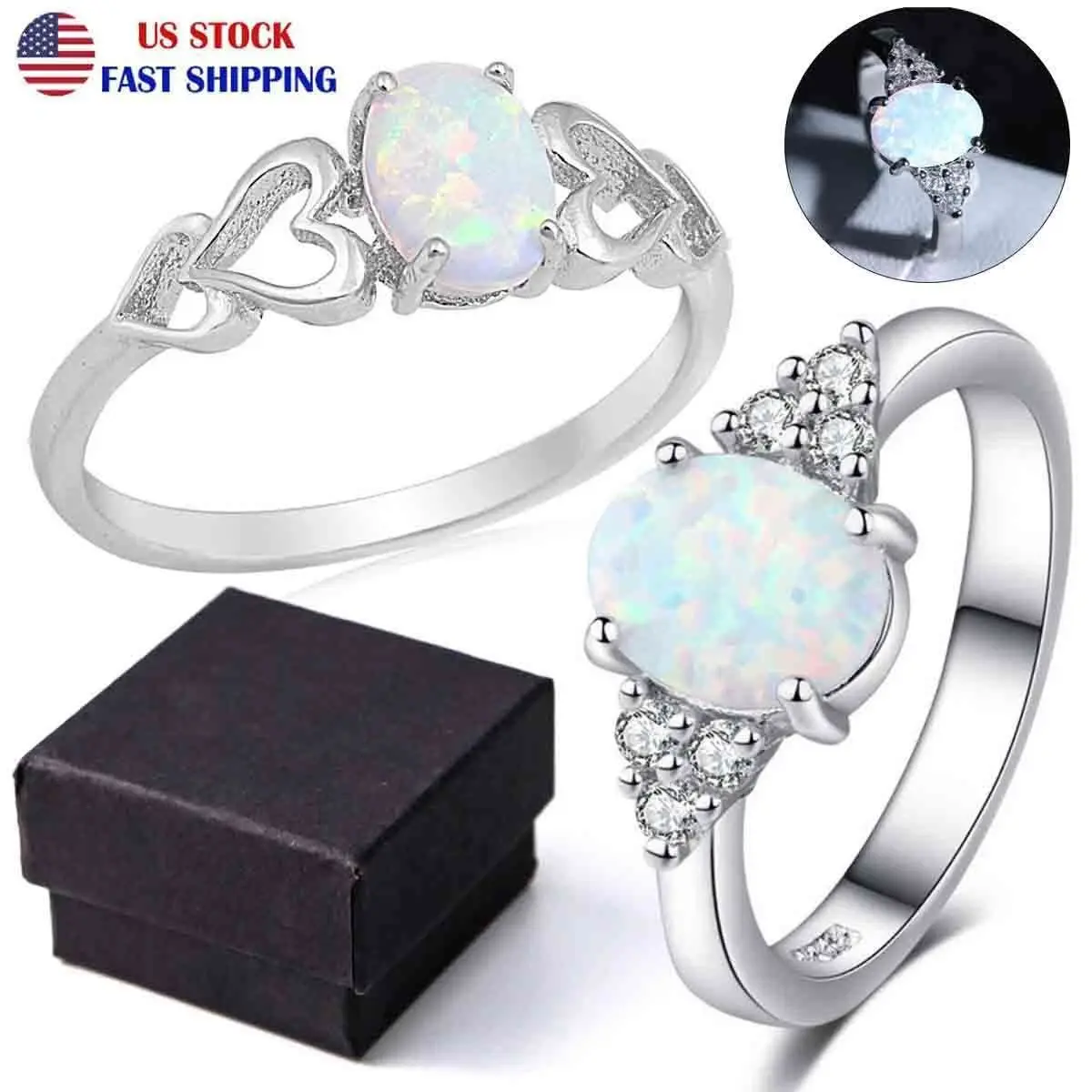 White Opal Love Heart Cutout Promise Ring Sterling Silver Jewelry Size 7 w/Box ABC Jewelery