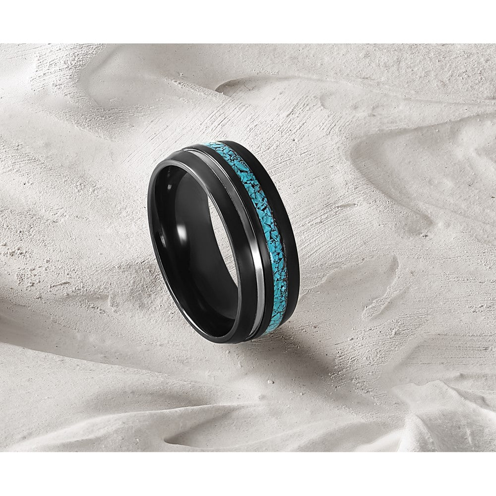 Black Zirconium Brushed & Polished w/Imit. Turquoise Inlay 8mm Band