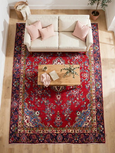 Hand Knotted Persian Vintage Rug ABC-PER-430, 10 ft 1 in x 7 ft 1 in, in living room, light happy furniture on rug, natural colors