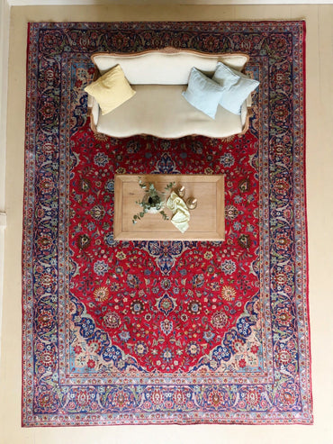 Hand Knotted Persian Vintage Rug, Traditional Wool Area Rug, 13 ft 4 in x 10 ft 3 in, in living room, light happy furniture on rug, natural colors