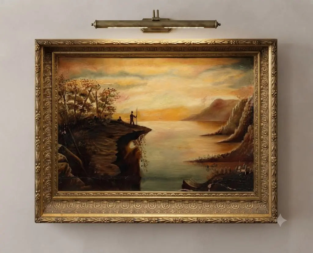 19th Century Coastal Sunset, A striking and atmospheric vintage oil painting 21” W x 16” H