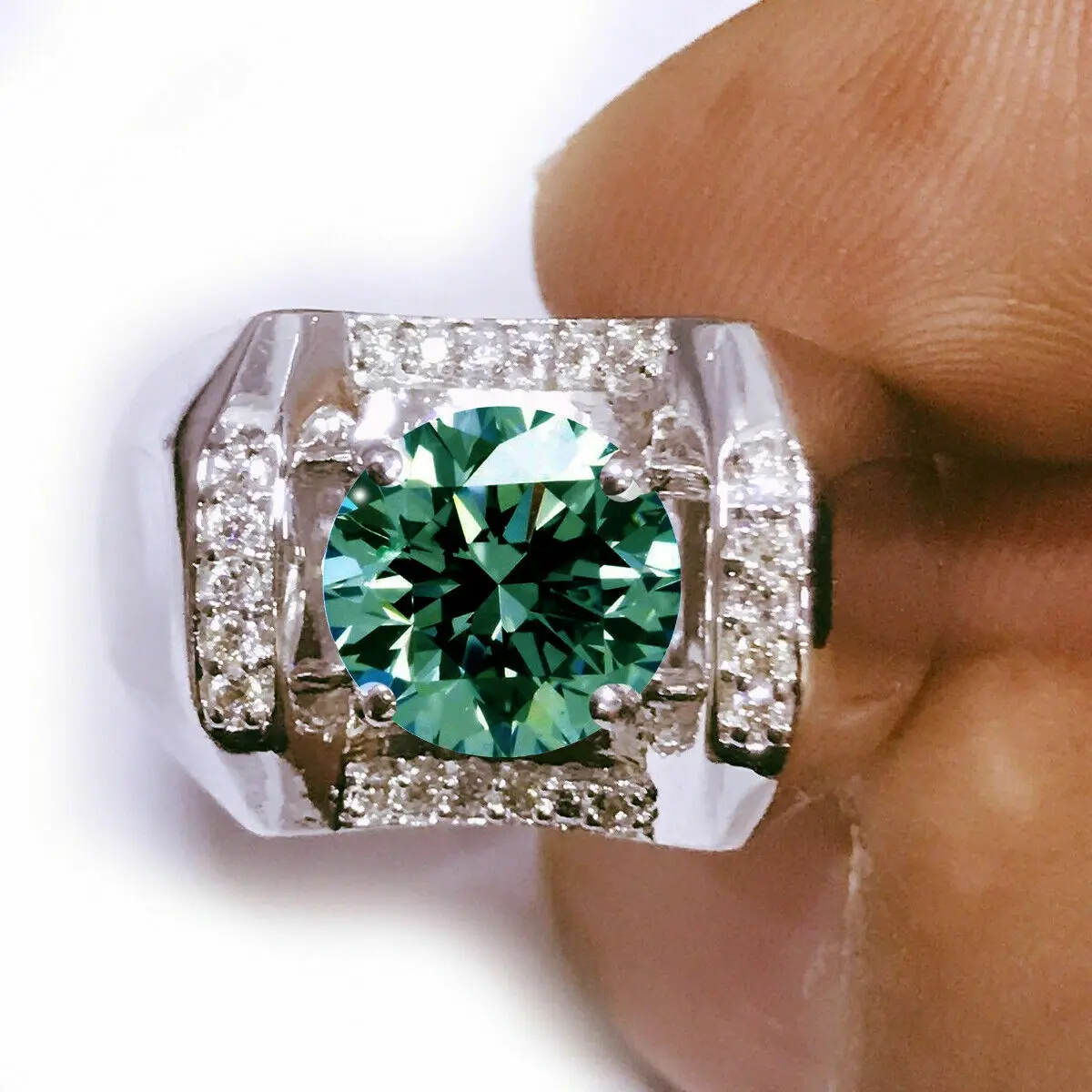 3.07 Ct Blue Round Moissanite Diamond Engagement Men's Ring 925 Silver Size 9 ABC Jewelery