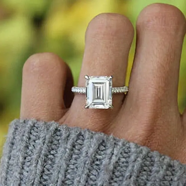 3.44 Ct Emerald Cut Lab Created Diamond Engagement Ring 14K White Gold Plated ABC Jewelery