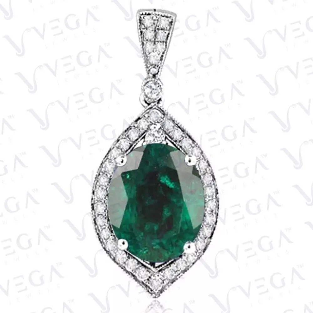 5.60ct Oval Cut Natural Emerald & Diamond Pendant 18k White Gold Plated No Chain ABC Jewelery