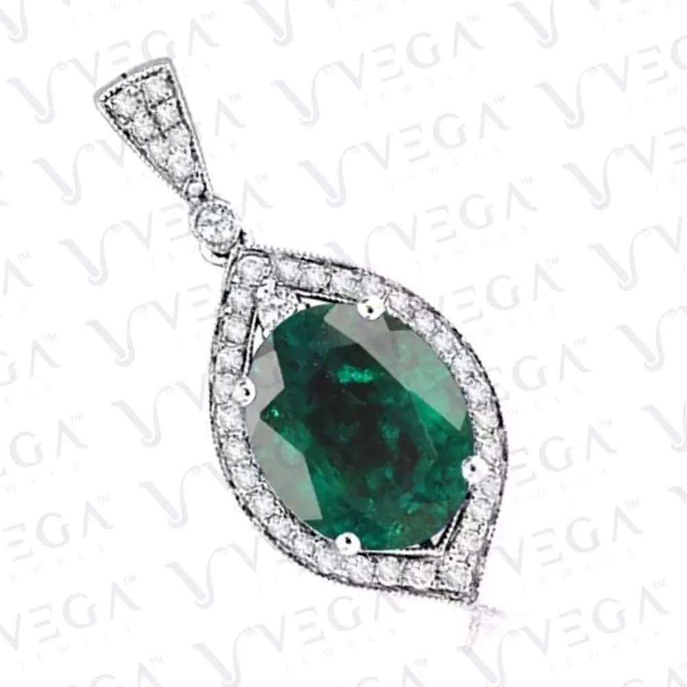 5.60ct Oval Cut Natural Emerald & Diamond Pendant 18k White Gold Plated No Chain ABC Jewelery