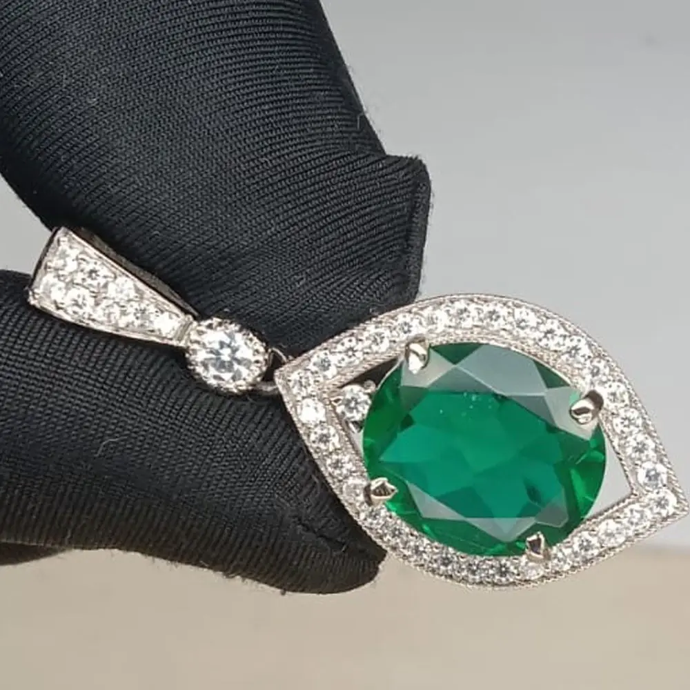 5.60ct Oval Cut Natural Emerald & Diamond Pendant 18k White Gold Plated No Chain ABC Jewelery